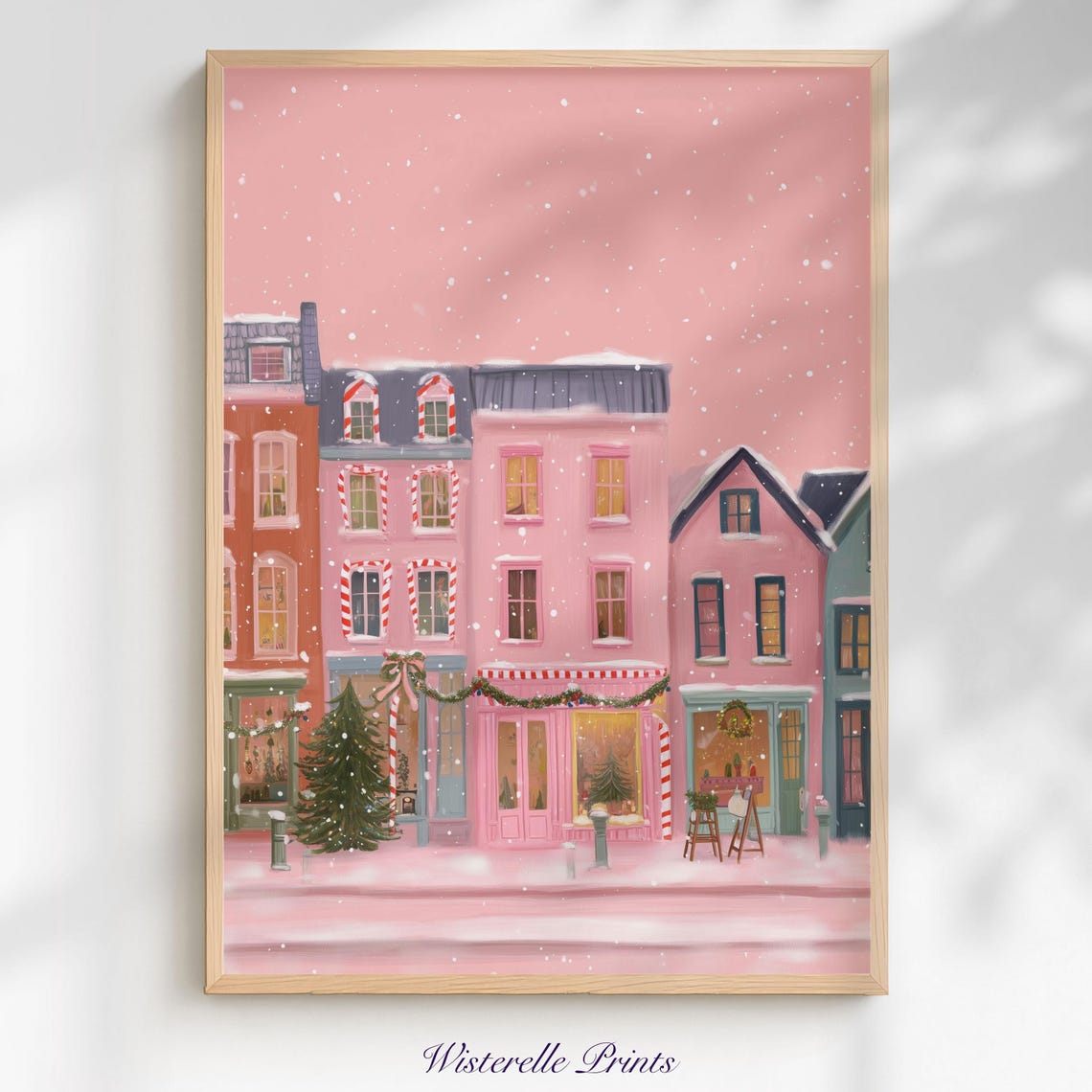 Pink Christmas Town Snowy Storefronts Festive Holiday Poster