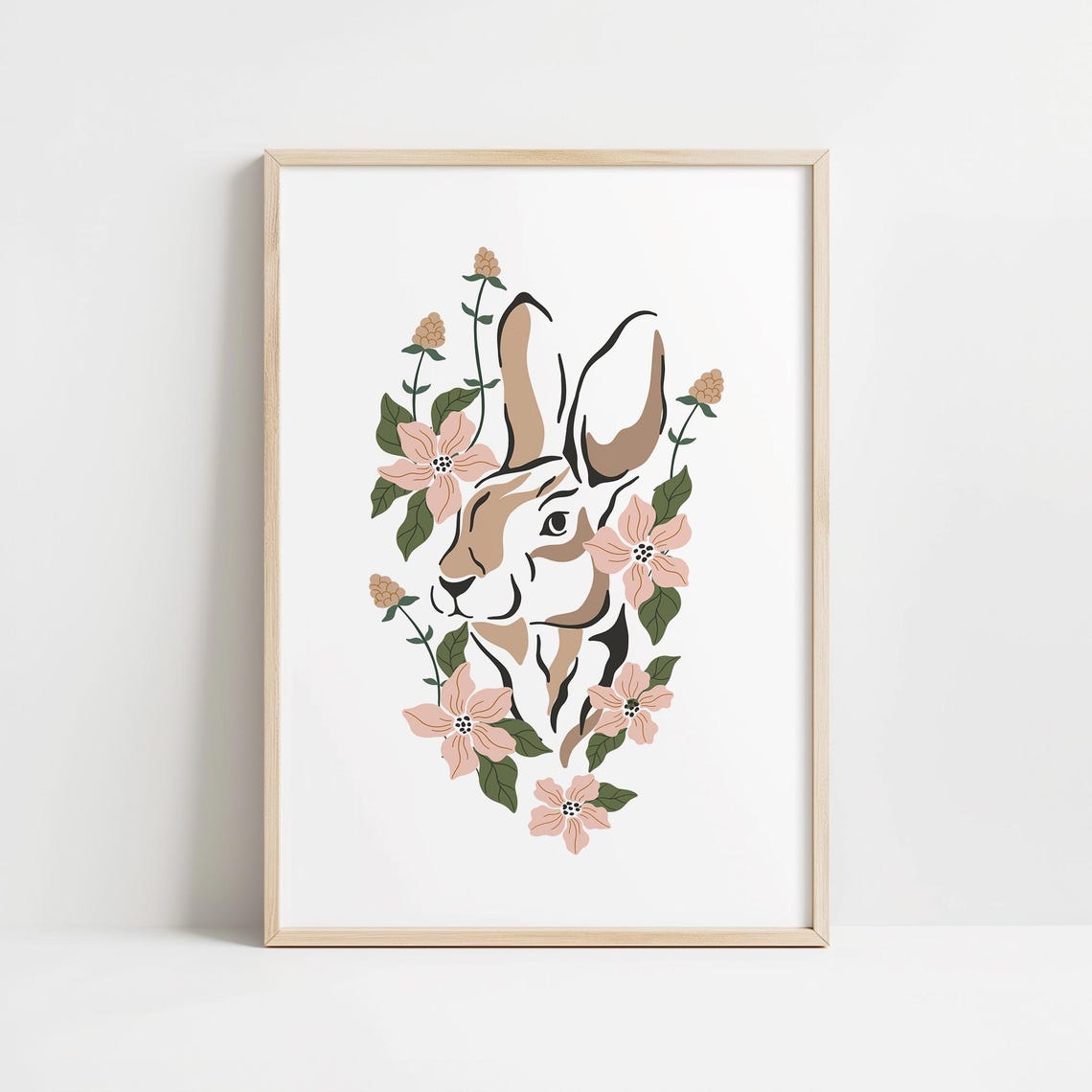 Bohemian Rabbit Head Profile Pink Floral Botanical Garden Poster