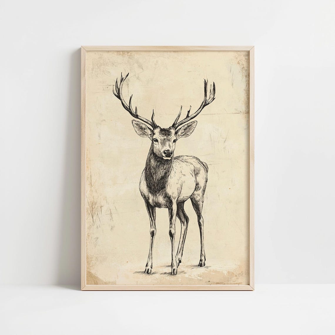 Standing Stag Full Body Vintage Sketch Aged Paper Art Poster