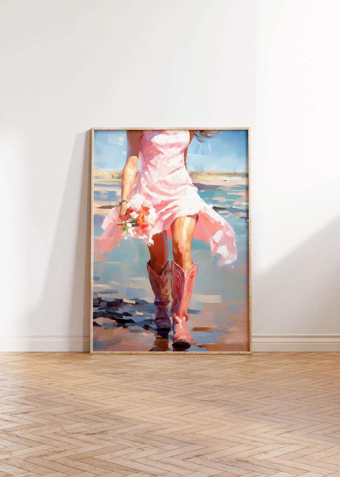 Coquette Pink Cowboy Boots Beach Girl Holding Flowers Wall Art - Image 3