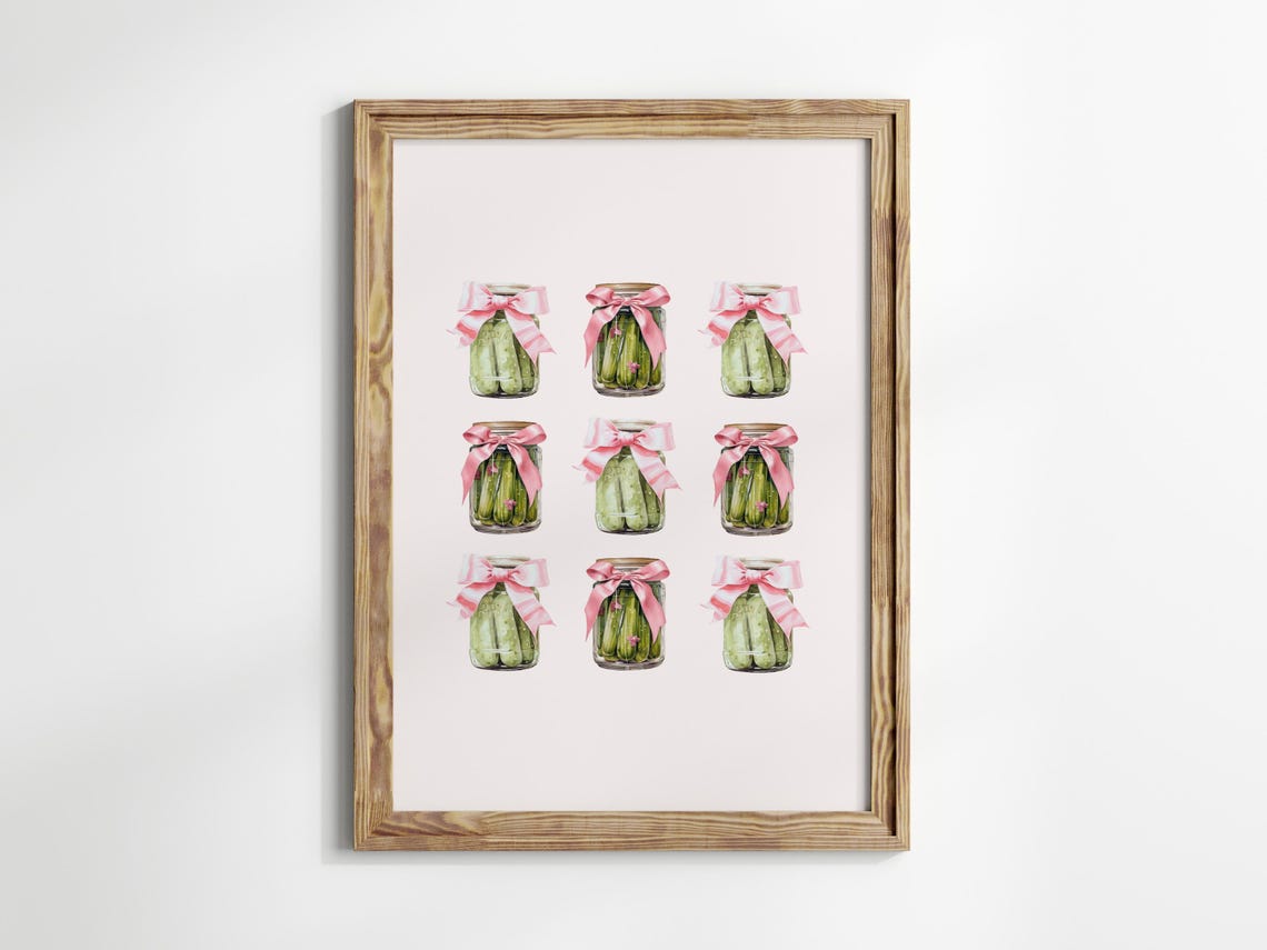 Coquette Pickle Jars Pink Bows Watercolor Pink Kitchen Wall Art - Image 3