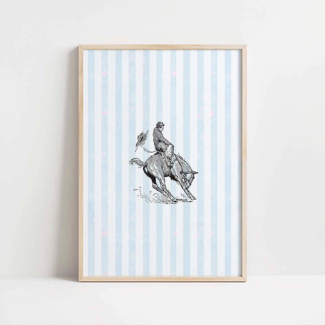Western Cowboy Bucking Horse Vintage Line Art Blue Striped Poster