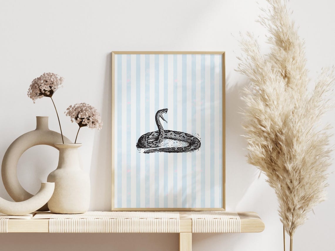 Vintage Engraved Snake Illustration Blue Striped Coastal Wall Art - Image 2
