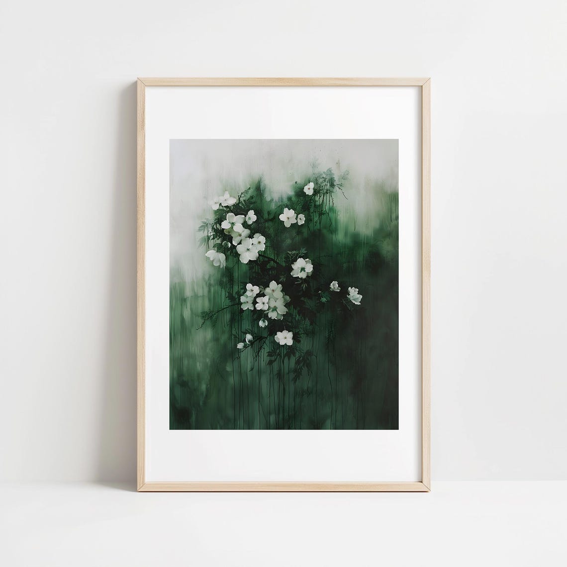 Minimalist White Flower Serene Moody Green Botanical Art Poster