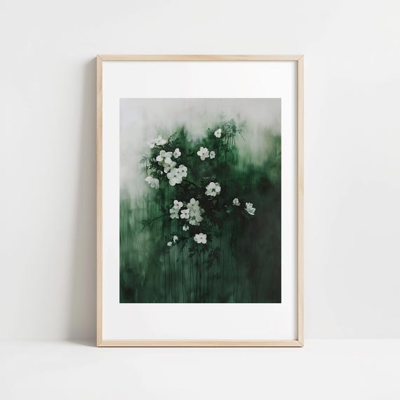 Minimalist Moody White Flower Wall Art Print Elegant Botanical Wall Decor Deep Green Floral Portrait Tranquil Lush Nature Poster