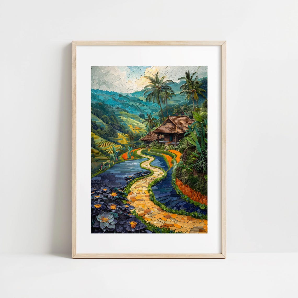 Bali Rice Terrace Mosaic Balinese Winding Hut Path Paradise Poster