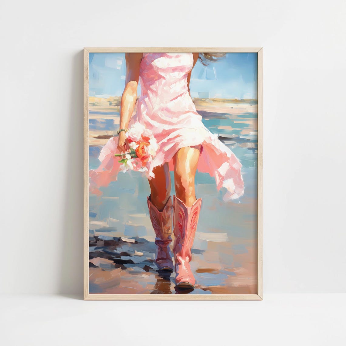 Coquette Pink Cowboy Boots Beach Girl Holding Flowers Wall Art