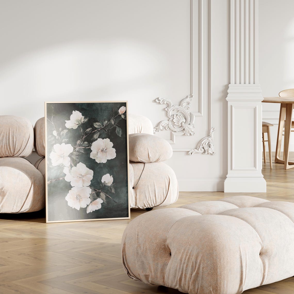 Moody White Blossoms Dark Academia Gothic Botanical Art Poster - Image 3