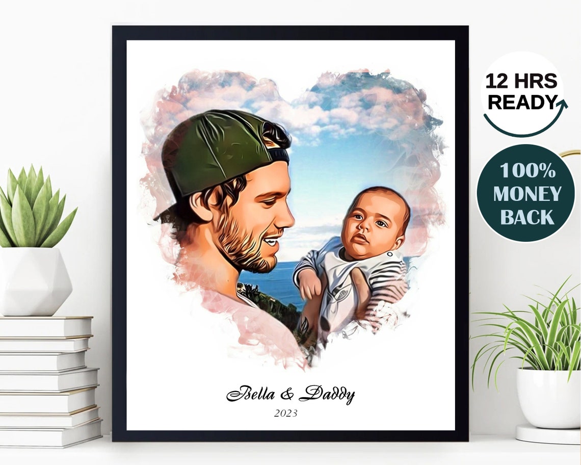 Bella and Daddy with Baby in Watercolor Heart Family Portrait Poster