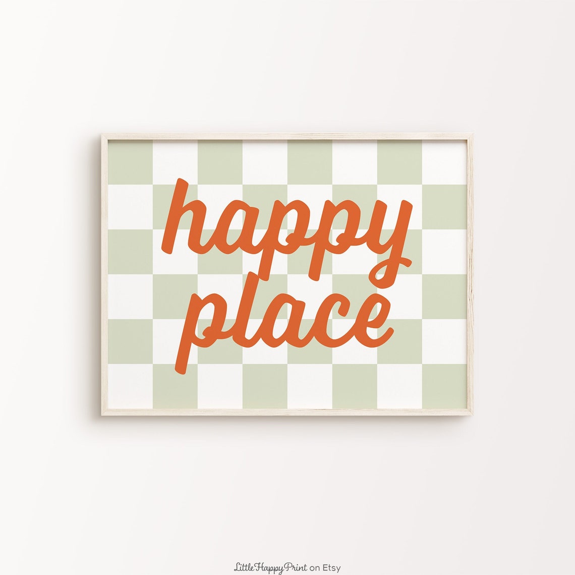 Happy Place Orange Script Sage Green Checkered Cozy Quote Poster