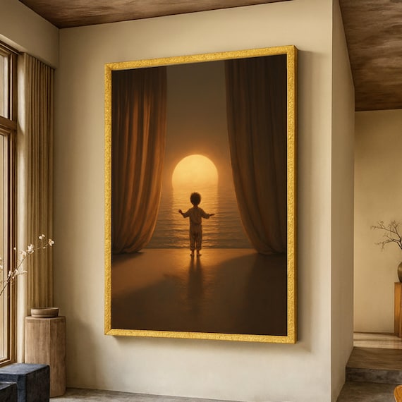 Child Silhouette Watching Sunset Golden Ocean Dreamy Art Poster