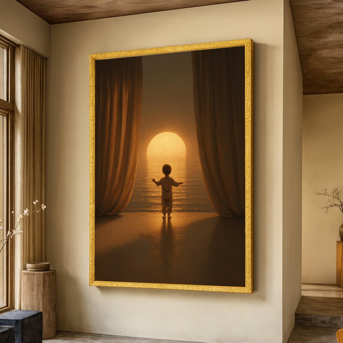 Child Silhouette Watching Sunset Golden Ocean Dreamy Art Poster