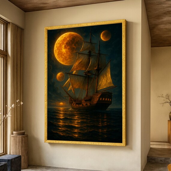 Mystical Pirate Tall Ship Under Giant Moon Dark Ocean Fantasy Poster