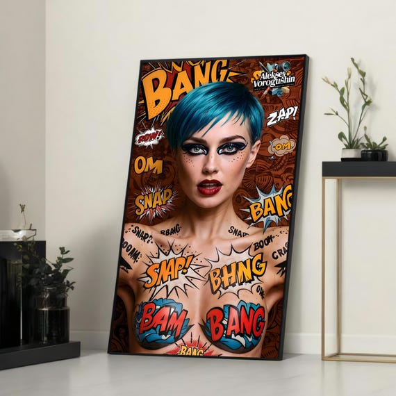 Pop Art Comic Style Blue Hair Woman Canvas Bold Portrait With Text Modern Wall For Living Room Office Or Creative Spaces