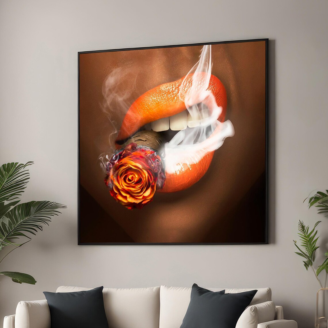 Bold Lips With Smoking Rose, Modern Surreal Art