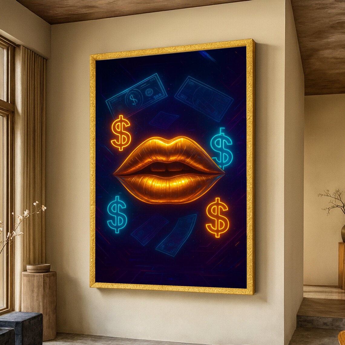 Neon Gold Lips Dollar Signs Money Glam Pop Art Finance Poster