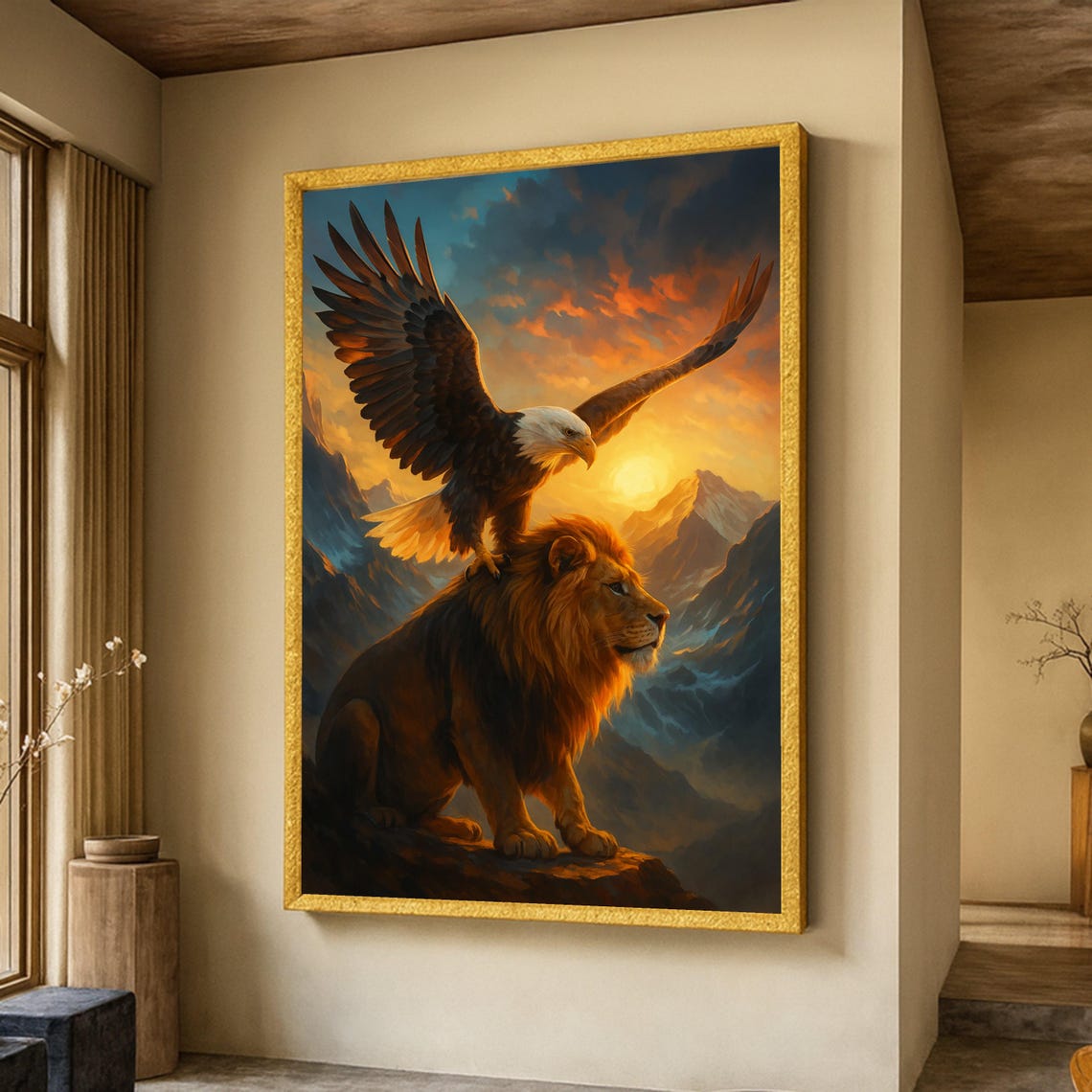 Majestic Lion Eagle Sunset Mountain Wildlife Painting Poster