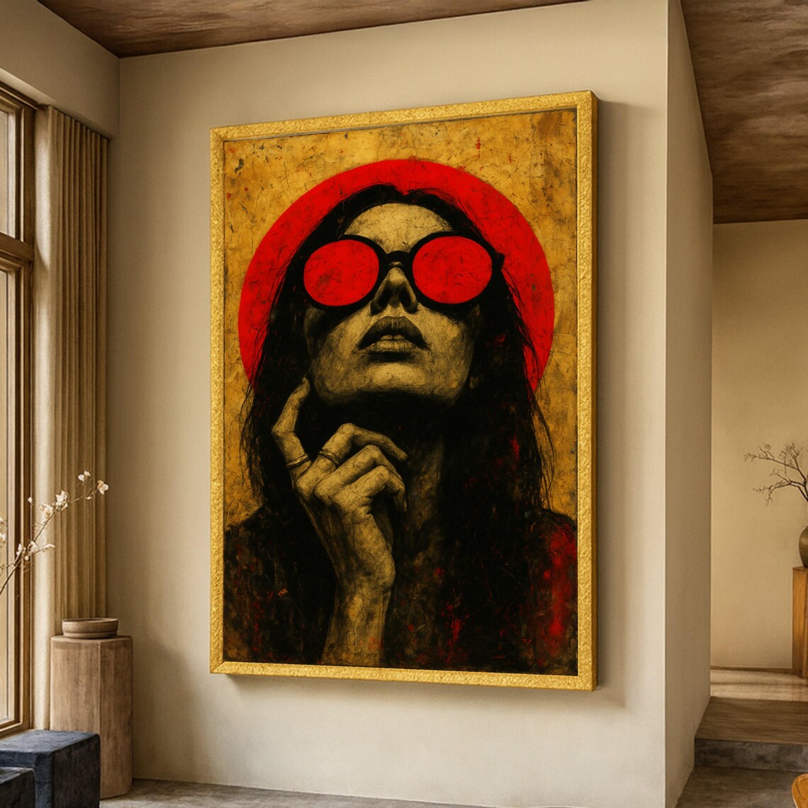 Bold Red Sunglasses Portrait, Modern Abstract Art Print