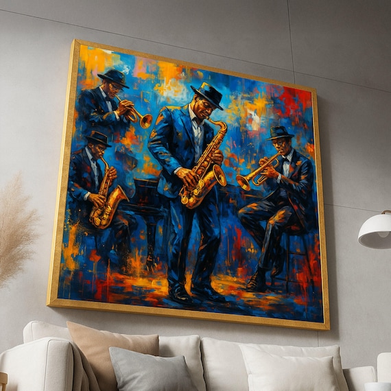 Jazz Musician Canvas Wall Art Saxophone And Trumpet Players Blue Orange Abstract Painting Vintage Band Home Decor Music