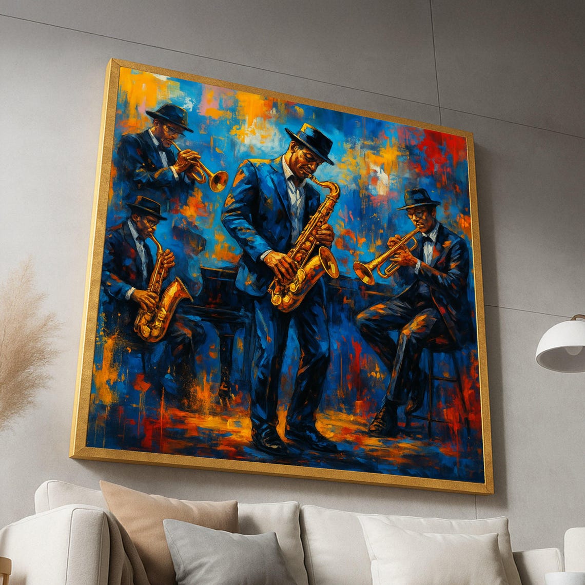 Blue Gold Jazz Band Saxophone Trumpet Players Painting Poster
