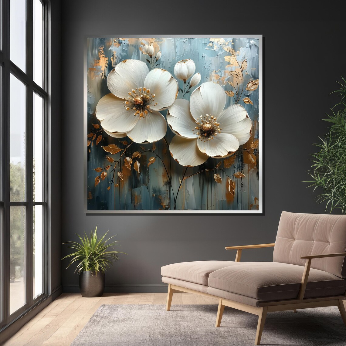 Elegant White Floral Art, Gold Accented Decor - Image 4