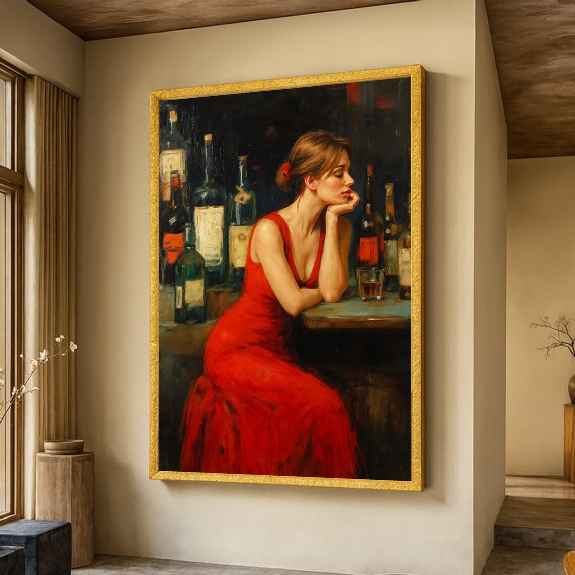 Elegant Woman In Red Dress, Vintage Bar Scene