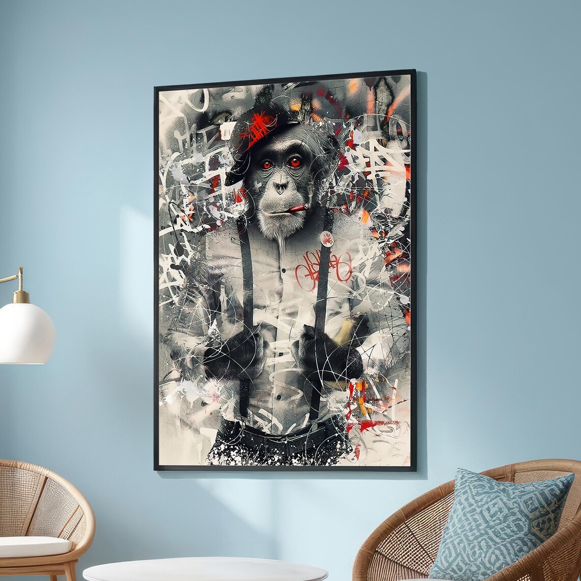 Graffiti Chimpanzee Portrait Red Eyes Suspenders Urban Street Art Poster