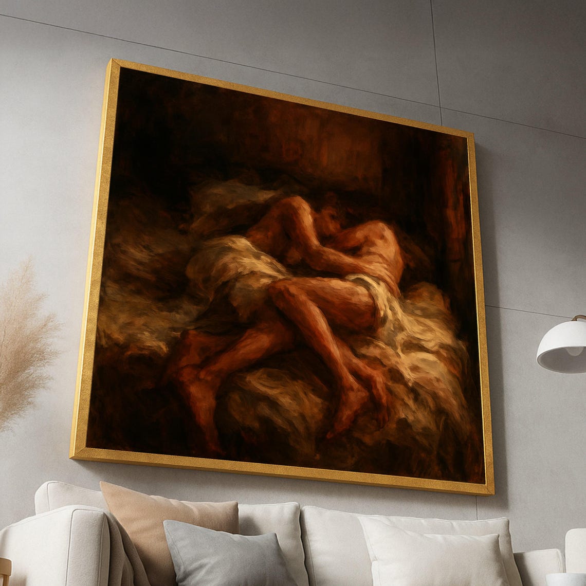 Dark Romantic Embrace Lovers Oil Painting Intimate Art Poster