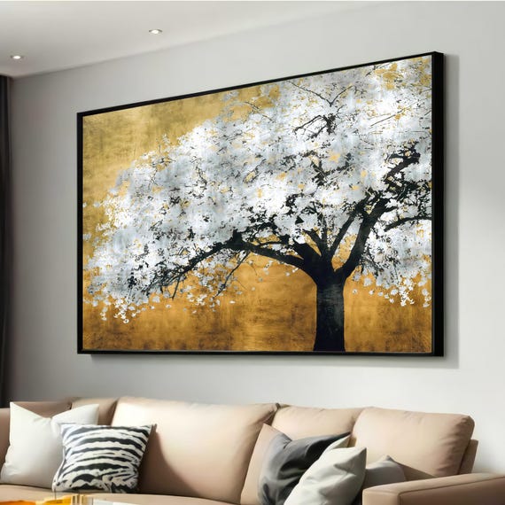 Gold And Silver Tree Canvas Print Abstract Modern Nature Art White Blossoms On Golden Background Elegant Contemporary Wall Decor