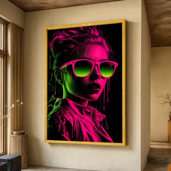 Neon Portrait Of Woman With Sunglasses Canvas Modern Pop Art Wall Decor Pink And Green Urban Style Dripping Paint Effect Fashion