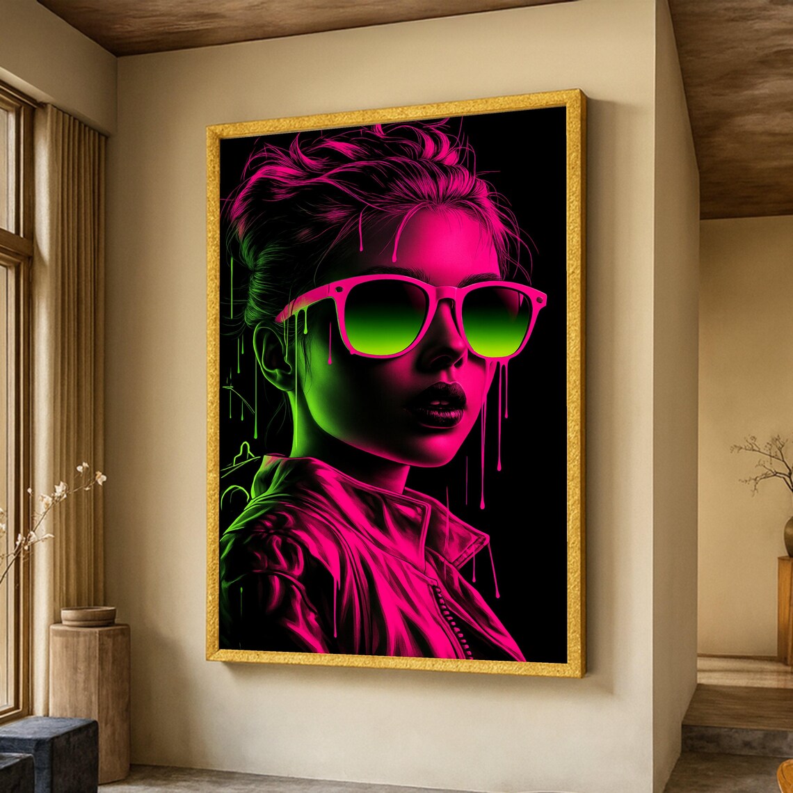 Neon Pink And Green Woman Portrait Sunglasses Pop Art Modern Wall Poster