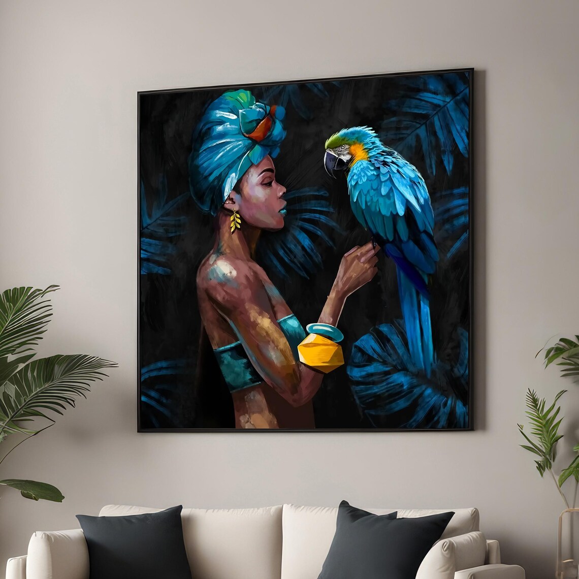 Elegant Woman With Blue Macaw, Tropical Art