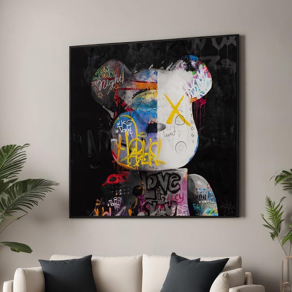 Graffiti Teddy Bear Art Bold Pop Canvas With Urban Street Influence Colorful Modern Wall For Contemporary Home Decor