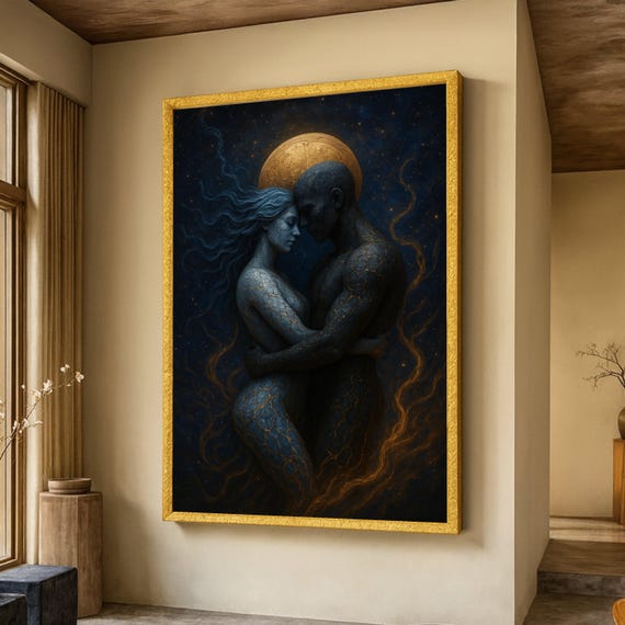 Cosmic Embrace Abstract Lovers Canvas Surreal Couple Wall Art Intimate Print Celestial Romantic Decor Modern Painting