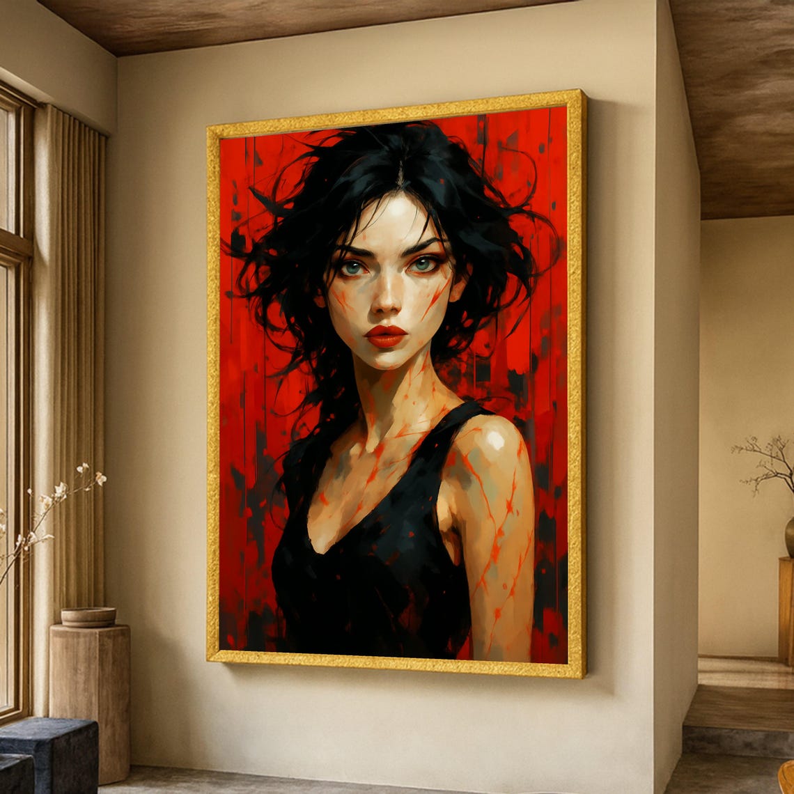 Intense Woman Portrait Red Background Dramatic Dark Hair Art Poster