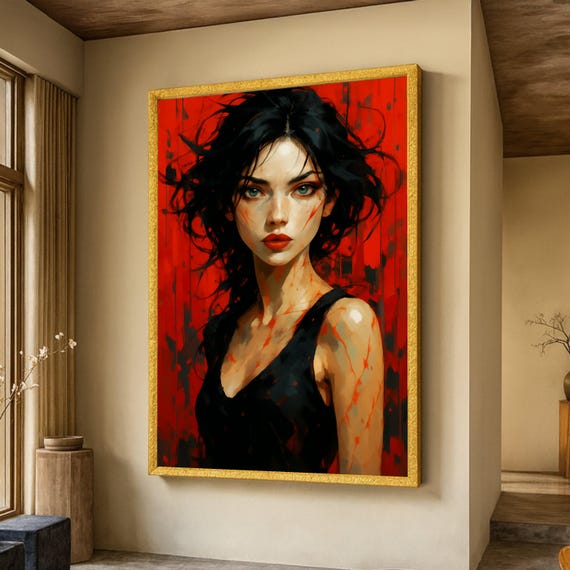 Intense Portrait Of Woman Canvas Dark Hair Red Background Dramatic Expression Wall Art Modern Figurative Bold Home Dcor