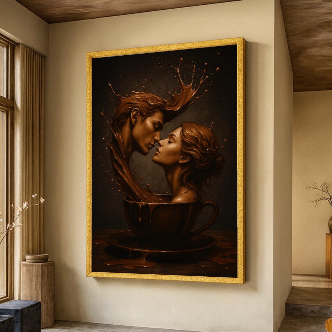 Chocolate Splash Kissing Couple Coffee Cup Surreal Romantic Poster