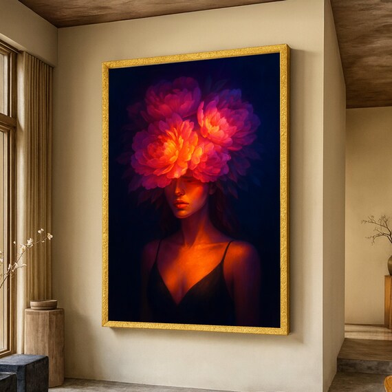 Woman Glowing Red Flowers Portrait Dark Floral Artwork Poster