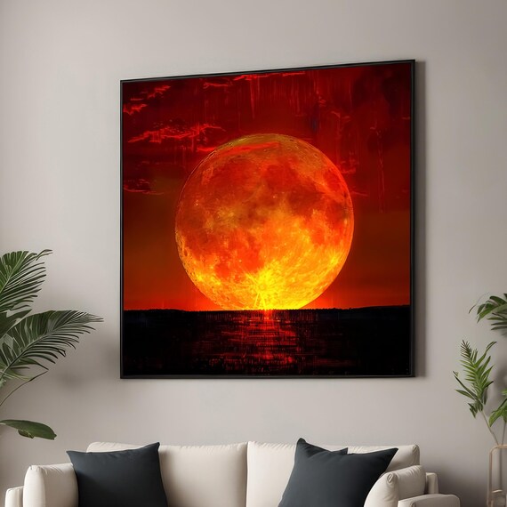 Fiery Eclipse Moon Canvas Print Glowing Red And Orange Wall Art Celestial Landscape Decor For Modern Spaces