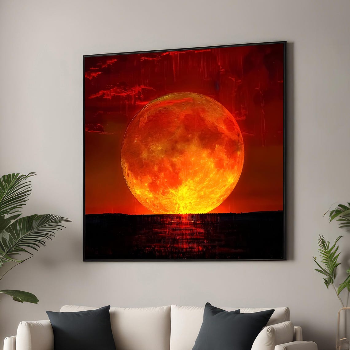 Fiery Eclipse Moon Canvas Print Glowing Red And Orange Wall Art Celestial Landscape Decor For Modern Spaces