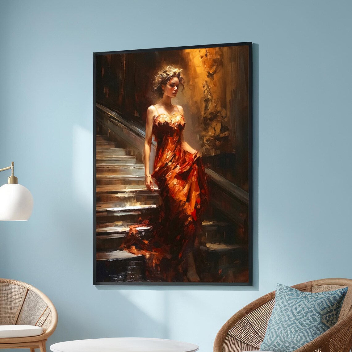 Elegant Woman Red Gown Grand Staircase Oil Painting Romance Poster