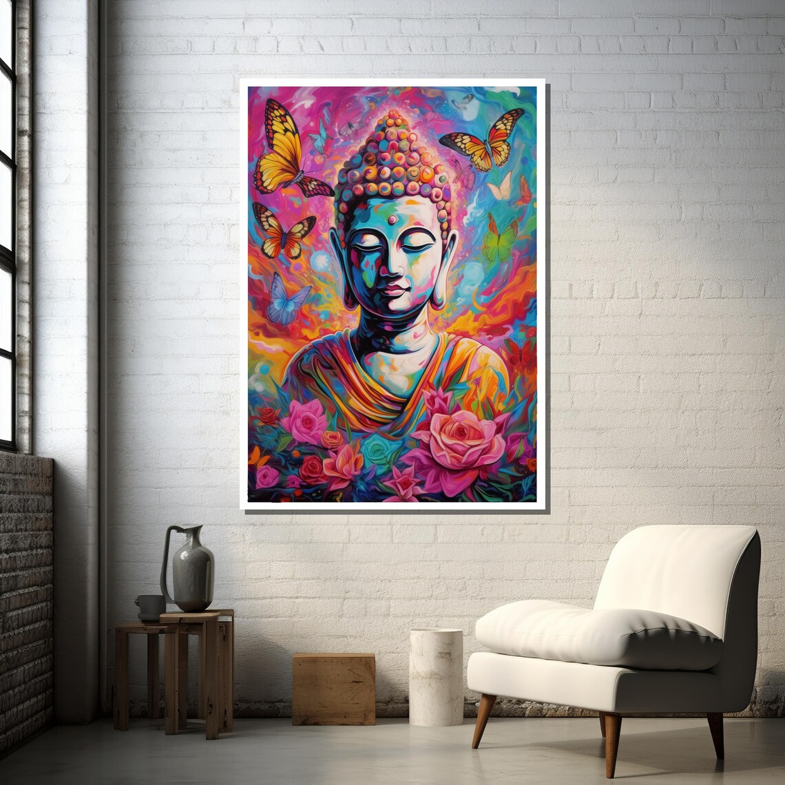 Colorful Buddha With Butterflies And Flowers, Psychedelic Art - Image 3