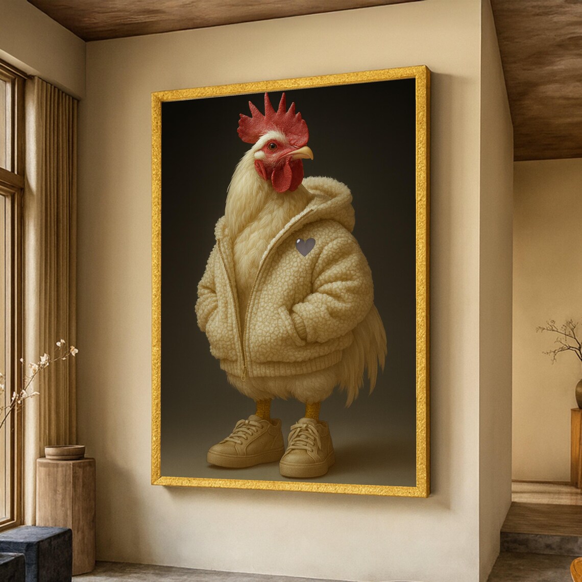 Stylish Chicken In Cozy Jacket, Quirky Farm Print