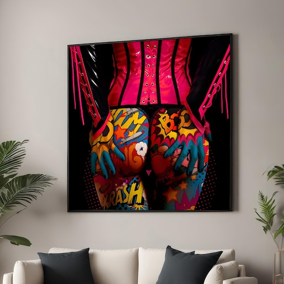 Pink Corset Pop Art Comic Body Paint Boom Crash Words Poster