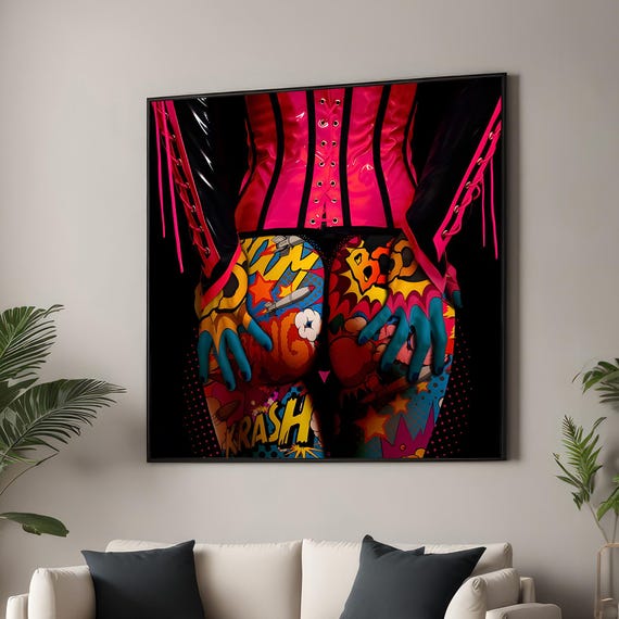 Vibrant Comic Book Style Fashion Canvas Print Bold Pink Corset And Pop Art Leggings Modern Wall For Lovers
