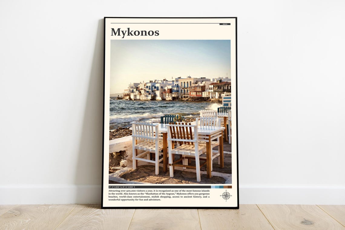 Mykonos Greece Waterfront Taverna Chairs Seaside Photography Poster