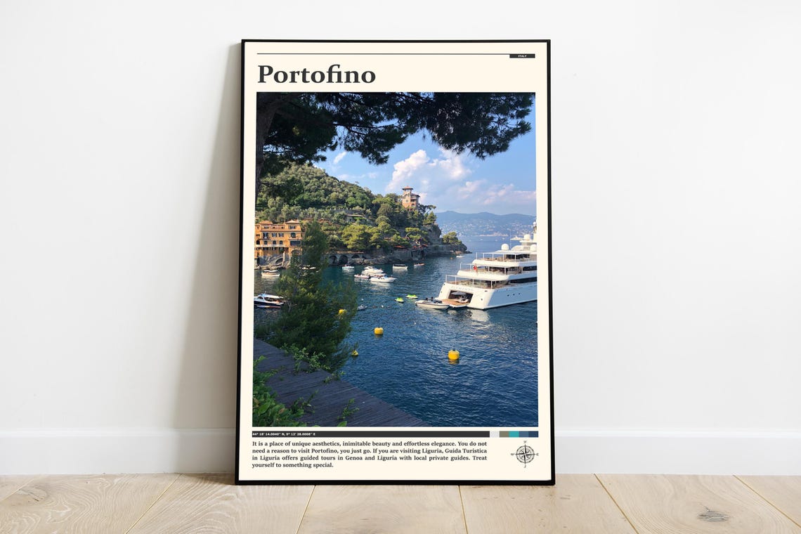 Portofino Italy Harbor With Yachts Green Hills Liguria Travel Poster