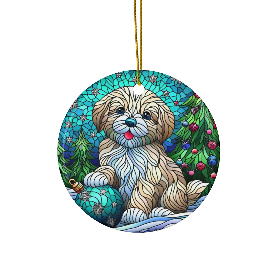 Stained Glass Style Puppy Christmas Ornament Festive Poster Design