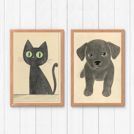 Charming Minimalist Black Cat And Puppy Sketch Nursery Poster