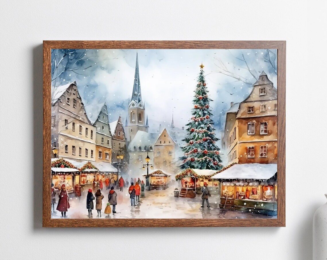 German Christmas Market Snowy Watercolor Holiday Village Poster